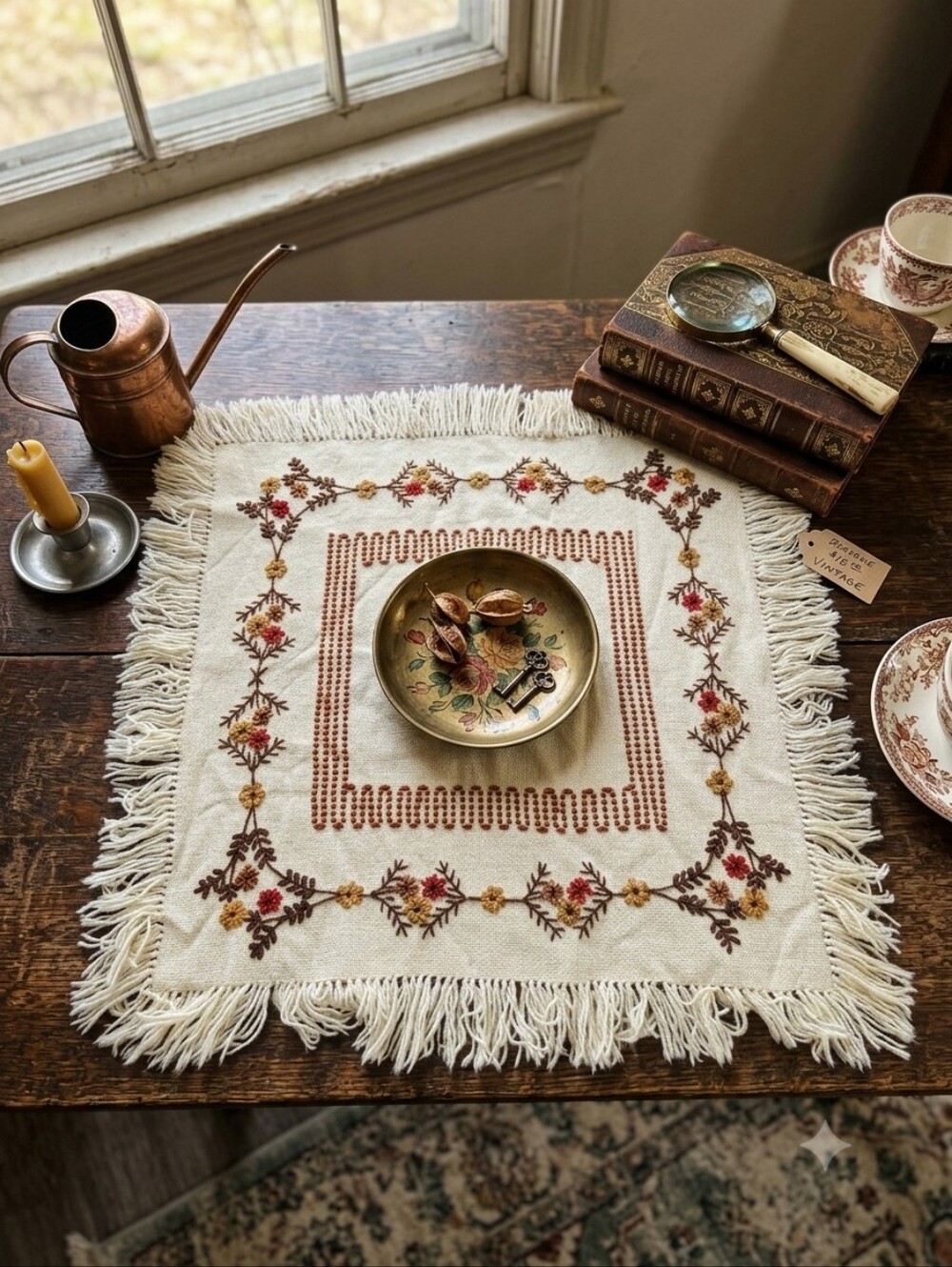 Vintage 1970s Embroidered Wool Table Centerpiece / Square Table Topper